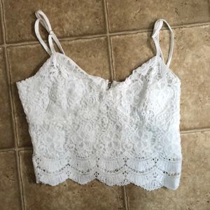 White lace zip up crop top